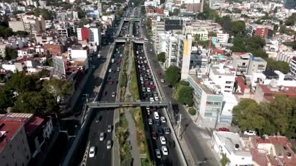 Drone Shot Van Dicht Verkeer Mexico Stad — Stockvideo