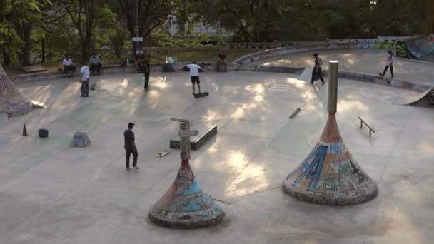 Chicos Practicando Skate Parque Público Concreto Ciudad Actividad Ocio Deporte — Vídeo de stock