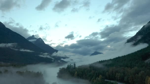 ブリティッシュコロンビア州 カナダの劇的な霧の山の超現実的な航空風景 — ストック動画