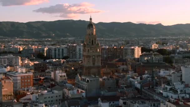 Primer Plano Catedral Murcia España Vista Paisaje Urbano Montaña — Vídeos de Stock