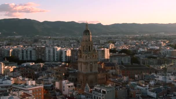 Dron Záběr Murcia Katedrály Panorama Města Španělsku Při Západu Slunce — Stock video