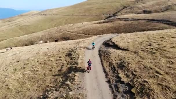 Воздушный Два Горных Велосипедиста Спускаются Вниз Высокогорной Пустынной Местности Летнее — стоковое видео