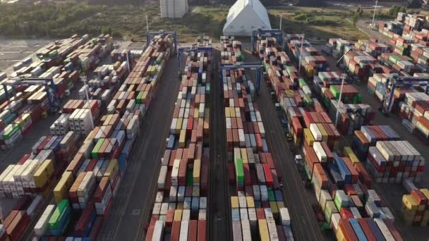 Letecký Pohled Portálové Jeřáby Přepravní Kontejnery Logistické Služby Nákladních Automobilů — Stock video