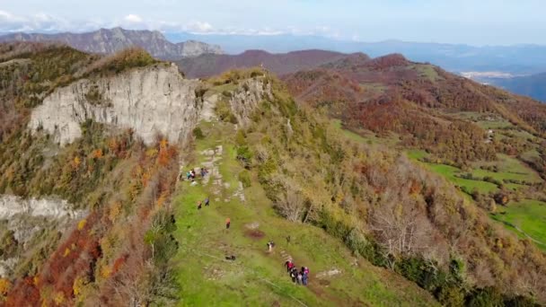 狭い高原と秋のシーズンに山の範囲 黄色の木々 周囲の山々 雪に覆われた森背景にピレネー山脈 — ストック動画