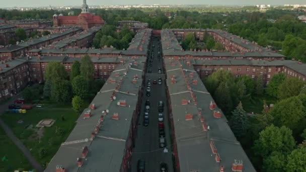 Famous Red Brick Building Historic Nikiszowiec District Poland Aerial — Stock Video