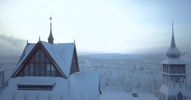 Aerial Flyby Kiruna Pastorat Snow Wintry Landscape Kiruna Svezia Durante — Video Stock