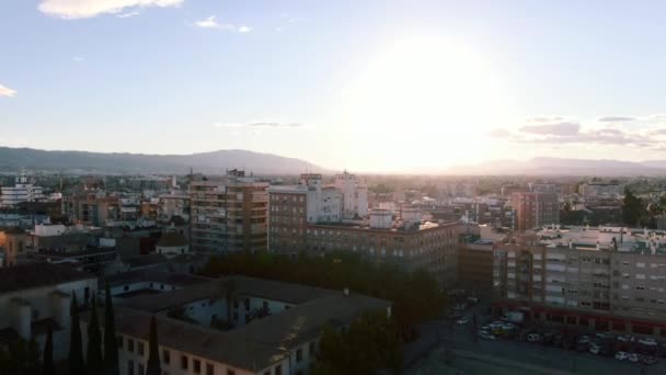 Drone Skott Stiger Över Murcia City Spanien Vid Solnedgången Med — Stockvideo