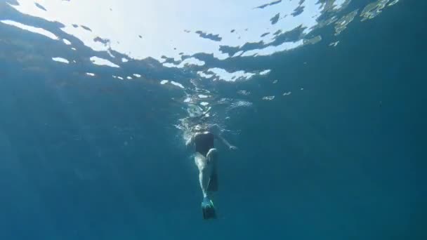 Feminino Snorkeling Turístico Pristine Seascape Kefalonia Ilha Grécia Subaquático — Vídeo de Stock