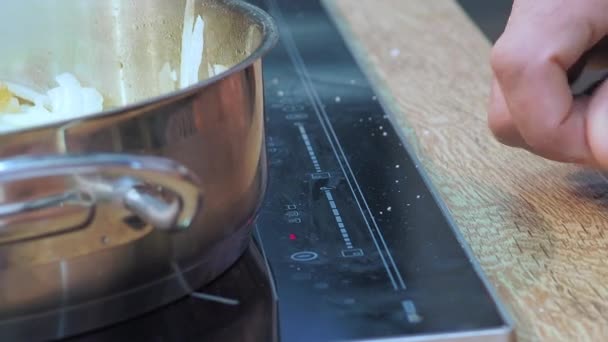 Σύγχρονη Συσκευή Κουζίνας Μαγειρέψτε Χέρι Ενεργοποιήσετε Επαγωγική Κουζίνα Για Μαγειρέψουν — Αρχείο Βίντεο
