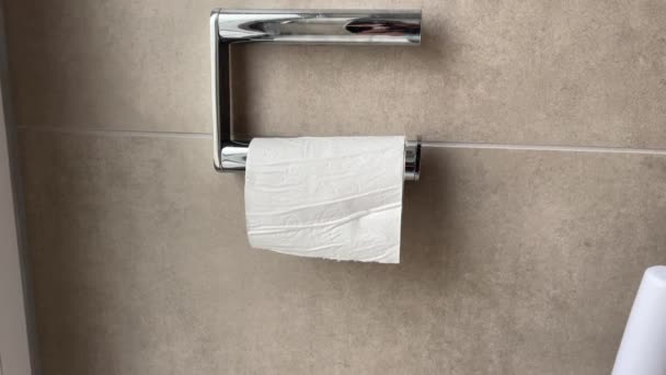 Hand Grijpen Laatste Stuk Toiletpapier Badkamer Problemen Met Leeg Papier — Stockvideo