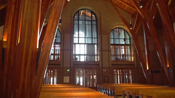 Modern Rustic Wooden Church Venue Entrance Large Windows — Stock Video