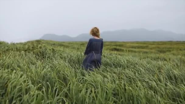 Donna Caucasica Bionda Piedi All Indietro Sola Guardando All Orizzonte — Video Stock