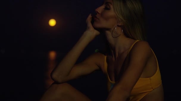 Slim Ukrainian Female Model Posing Blurry Background Odessa Harbour Ukraine — Stock Video