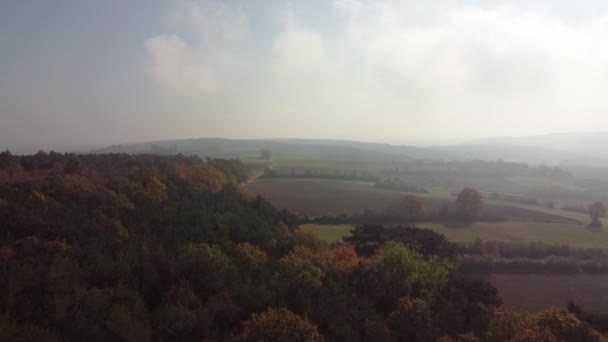 Drone Vliegt Velden Mist Herfstsfeer — Stockvideo