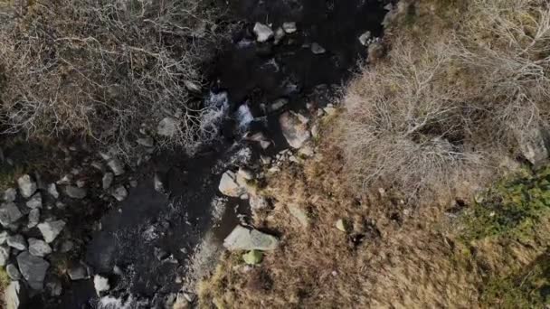 空中拍摄 秋末或冬初 一条河流和一条山间小路的尖峰拍摄 — 图库视频影像