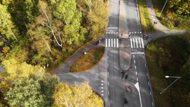 Вид Сверху Вниз Деревенская Дорога Проезжающими Мимо Автомобилями Пешеходами Пешеходном — стоковое видео