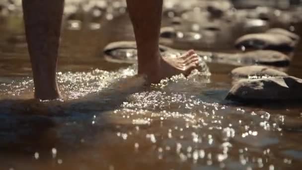 Медленное Движение Ручного Снимка Белого Мужчины Идущего Воде Русле Реки — стоковое видео