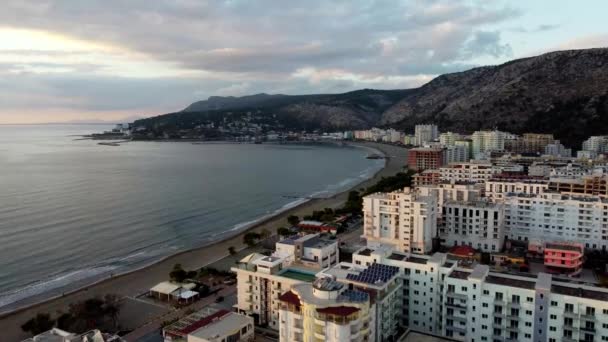 Hoge Luchtdruk Bij Zonsondergang Shengjin Albania Langs Albanische Kustlijn Van — Stockvideo