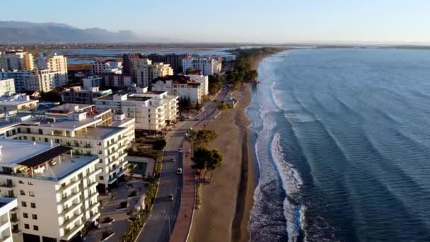 Impulso Aéreo Litoral Albanês Shengjin Longo Mar Adriático Longo Costa — Vídeo de Stock