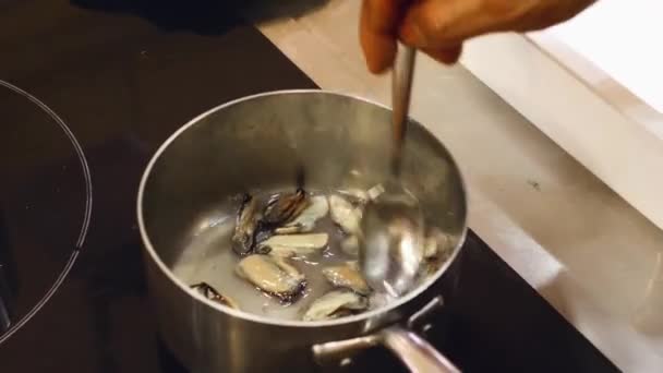 Chef Cozinha Mexilhões Peixe Comida Uma Panela Cozinhar Restaurante Preparação — Vídeo de Stock