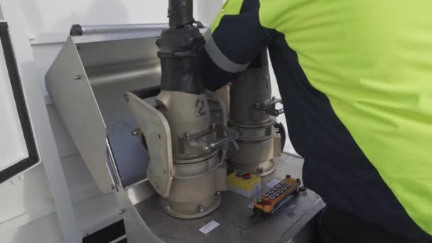Crew Onboard Electric Ferryboat Disconnecting High Voltage Charging Cables Handheld — Stock Video