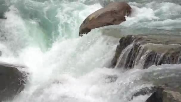 Cascadas Rápidas Aguas Alpinas Rocas 60Fps Sunwapta Falls Jasper National — Vídeos de Stock