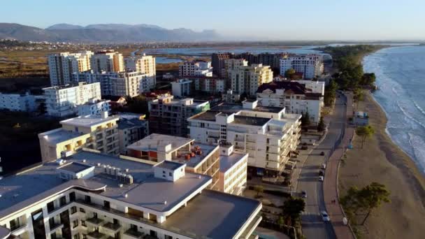 Aerial Pullout Shengjin Albania Coastline Adriatic Sea Coast Albania — Stock Video