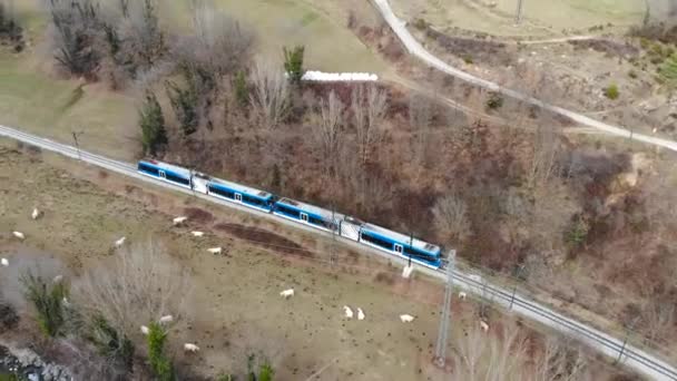 Aéreo Trem Cremalheira Azul Nas Montanhas Dos Pirenéus Passando Pelos — Vídeo de Stock