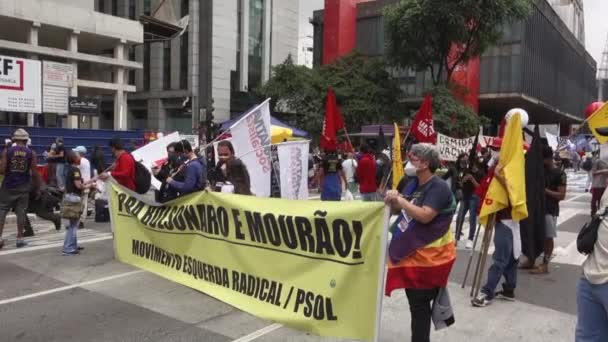 Banner Der Radikalen Linken Gegen Bolsonaro Bei Rassismus Kundgebung Sao — Stockvideo