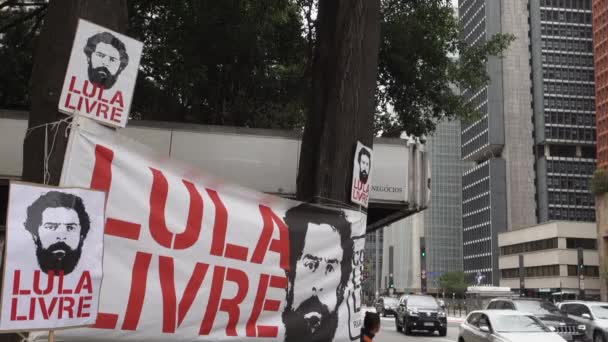 Bannières Lula Livre Dans Rue Pour Rassemblement Politique Sao Paulo — Video