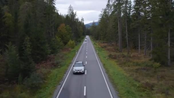Vista Aérea Seguimiento Volvo Xc40 Suv Una Carretera Forestal Montaña — Vídeos de Stock