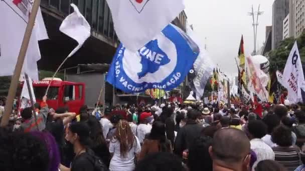 Ogromne Transparenty Flagi Wypełniają Ulicę Nad Demonstrantami Sao Paulo Alei — Wideo stockowe