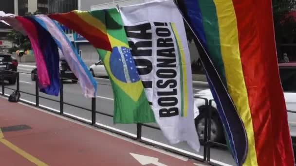 Farbenfrohe Flaggen Entlang Der Paulista Zur Kundgebung Zum Black Awareness — Stockvideo