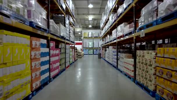 Pov Walking Aisle Stacked Shelves Wholesale Warehouse — Stock Video