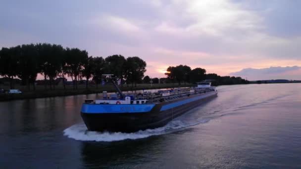 Forward Bow Aviso Inland Motor Tanker Navigating Oude Maas Sunset — Stock Video