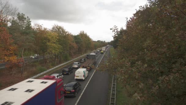 Embarras Circulation Dense Sur Route Pendant Saison Automne Avec Ciel — Video