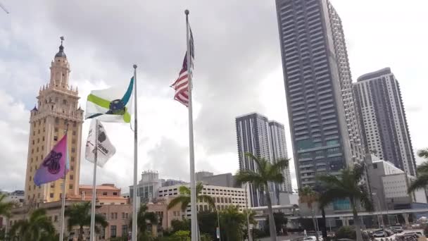 Freedom Tower Miami Dade College Flags Front American Airlines Arena — Video Stock