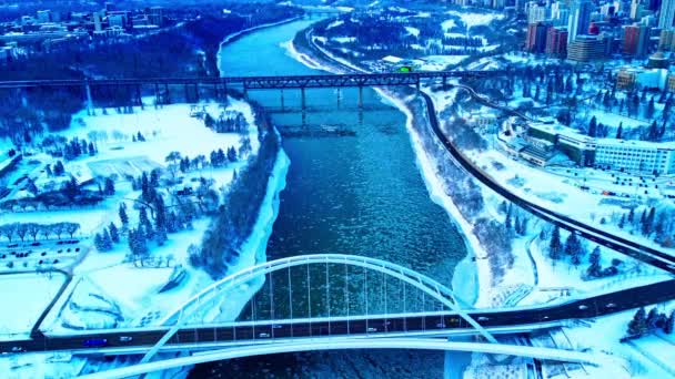 Winter Aerial Loop Bietet Vogelbeobachtung Über Die Walter Dale Bridge — Stockvideo