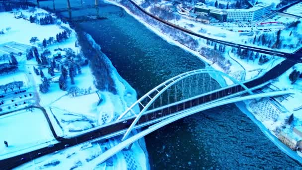 Winter Aerial Birds View Walter Dale Modern Iconic Tied Arch — Stock Video