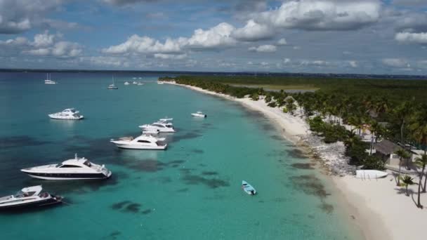 Boats Anchored Catalina Island Bay Romana Dominican Republic Aerial Reverse — Stock Video