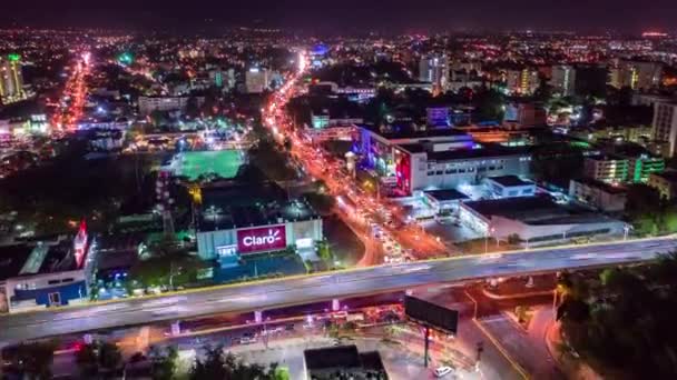 Hyperlapse Drukke Weg Santiago Los Caballeros Stad Nachts Luchtvoorwaarts — Stockvideo