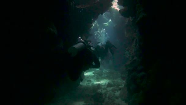 Submarino Buceadores Nadando Una Oscura Cueva Submarina Mar Rojo Egipto — Vídeos de Stock