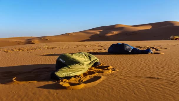 Tiro Lapso Tempo Duas Pessoas Dentro Leito Dormindo Areia Deserto — Vídeo de Stock