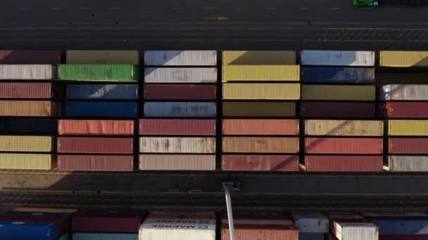 Kleurrijke Ladingcontainers Ladingsuitrusting Een Industriële Haven Verticaal Schot — Stockvideo