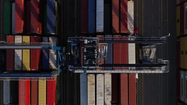 港口物流港口码头龙门起重机在多式联运集装箱上滚动的顶部视图 间接费用 — 图库视频影像