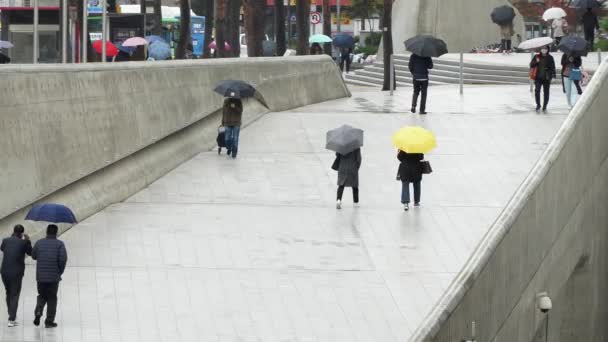 韩国首尔东戴蒙设计广场的雨天 带着雨伞走路的人 — 图库视频影像