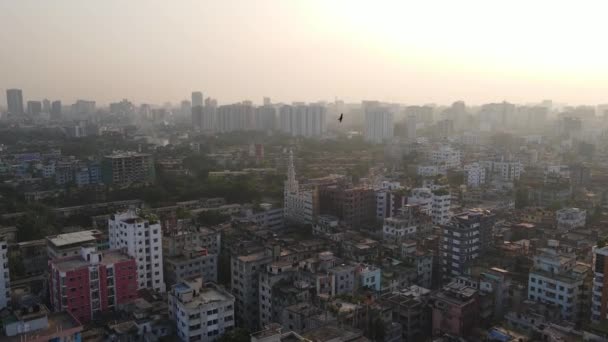 Aerea Città Dacca Con Minareto Moschea Mattino Concetto Urbanizzazione Zoom — Video Stock