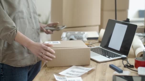 Woman Scanning Product Using Code Woman Using Phone Scan Code — Stock Video