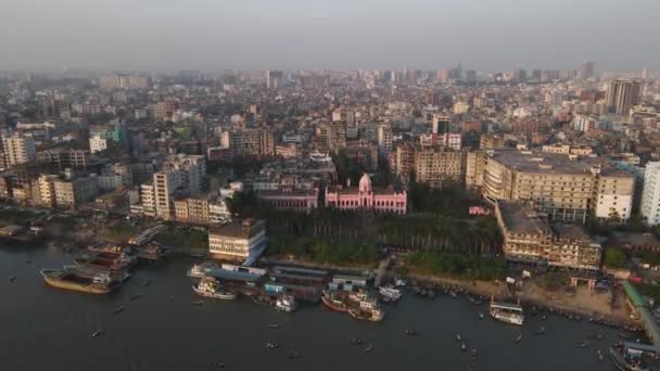 Aerial View Pink Ahsan Manzil Museum Banks Buriganga River Dhaka — Stock Video