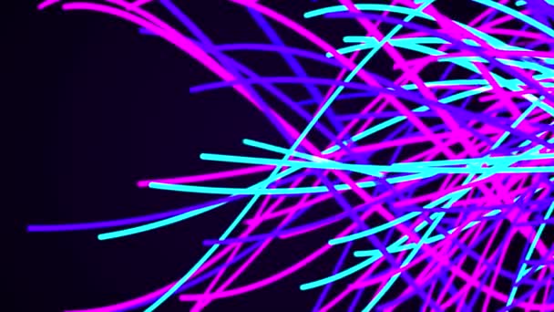 4K Animation Neon Lines in Seamless Loops. Abstraktní chaotické vícebarevné neonové linky Fluorescenční ultrafialové světlo, modré červené růžové spektrum Počítačově generované Backdrop